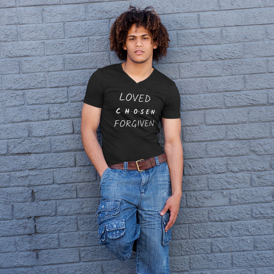 Christian Men's V-Neck T-Shirt | Loved Chosen Forgiven